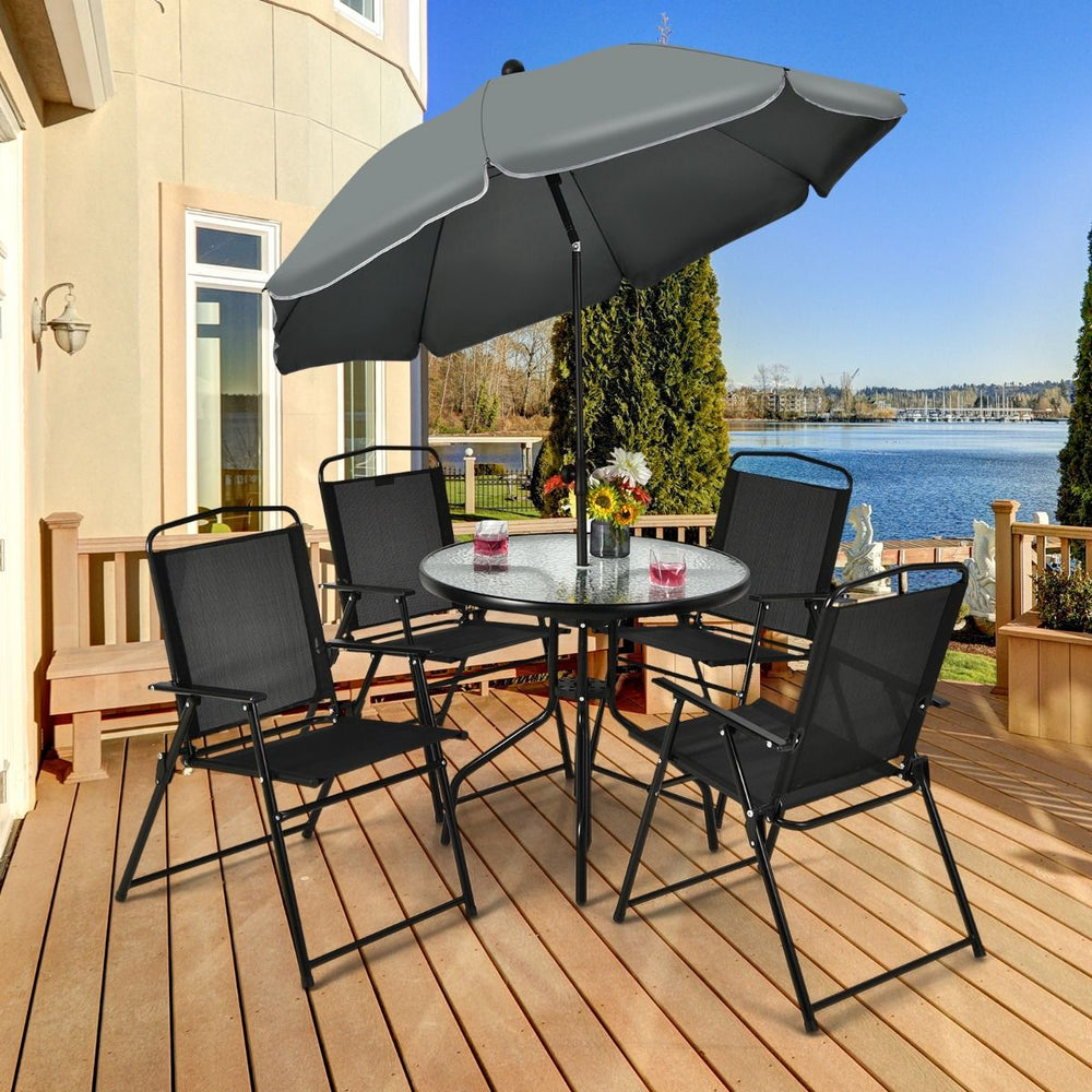 Ensemble Salon de Jardin 6 Pcs 4 Chaises Pliantes Table Basse en Verre et Parasol pour Terrasse Piscine Cour Noir -