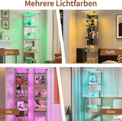 BPKADHY Vitrine sur pied en verre à 4 couches - 1 porte - Lampe LED et serrure avec paroi arrière miroir - Armoire de salon pour objets de collection et livres - Blanc