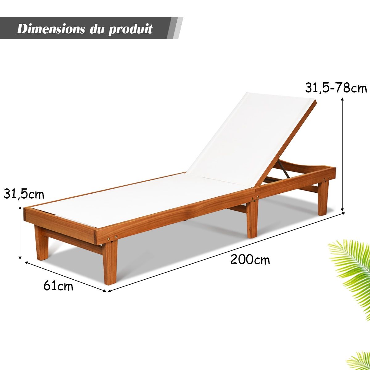 Chaise Longue de Jardin Dossier Inclinable en Bois d'Eucalyptus Tissu Respirant pour Patio Véranda Piscine Charge 180KG -
