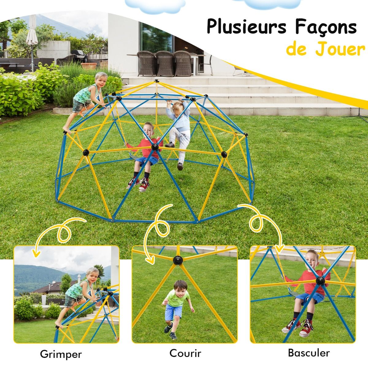 D么me d'Escalade de 305cm avec Balanoire Cage d'Escalade en Mtal Charge Max 363 kg Intrieur Extrieur pour Enfants de 3-10 Ans Jaune/Rouge -