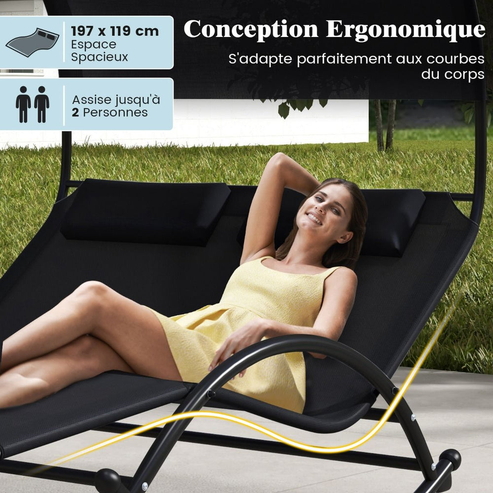 Chaise Longue Double Chaise à Bascule pour 2 Personnes 2 Appui-Têtes Amovibles Cadre en Métal Robuste Lit de Repos Ergonomique 2 Places Gris/Noir/Beige -