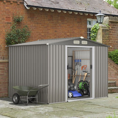 Abri de Jardin Métal Extérieur 9.74m³ Acier Galvanisé avec Fondation 4 Persiennes Double Porte et Rampe 260 x 207 x 181 cm Gris Foncé/Gris Clair -