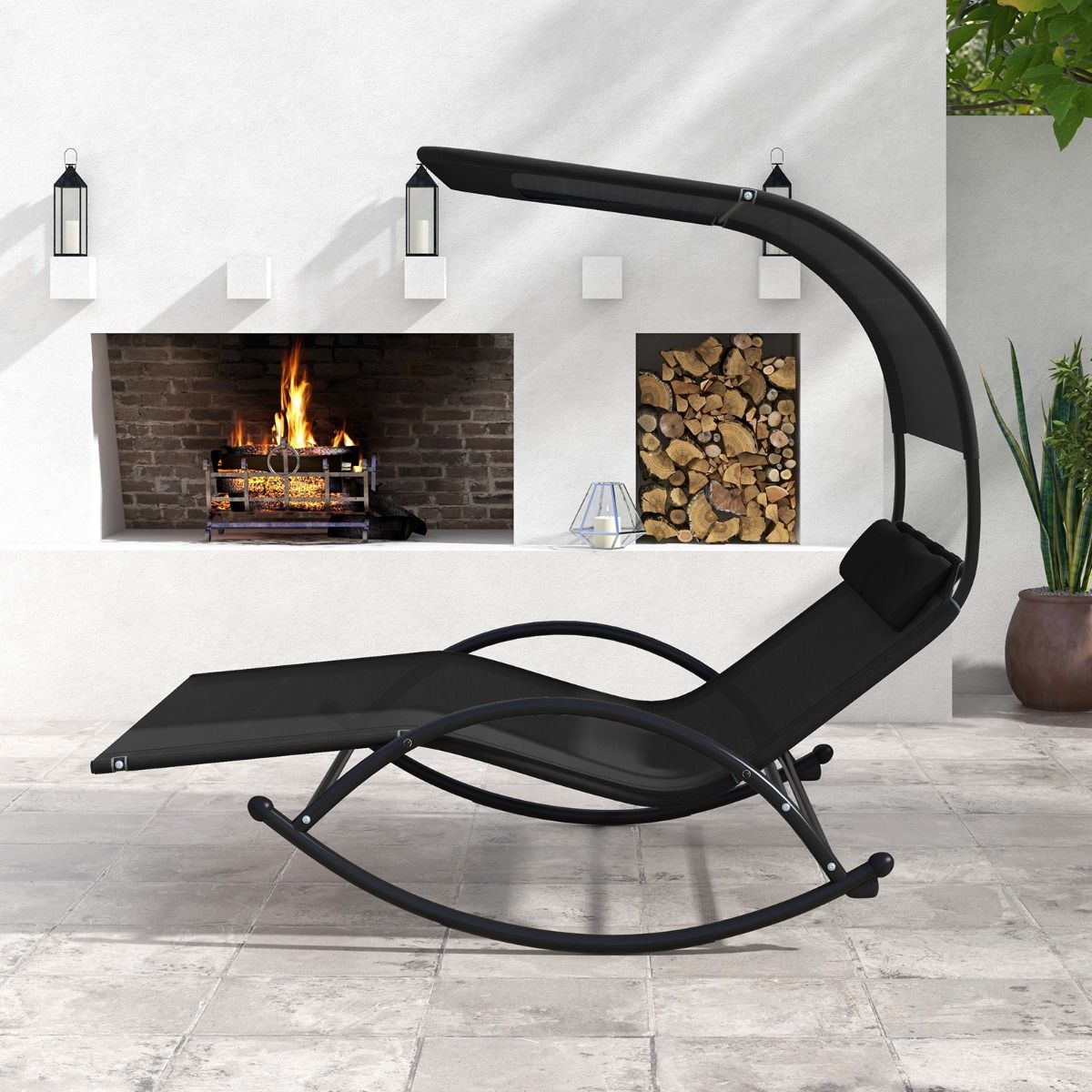 Chaise Longue Double Chaise à Bascule pour 2 Personnes 2 Appui-Têtes Amovibles Cadre en Métal Robuste Lit de Repos Ergonomique 2 Places Gris/Noir/Beige -