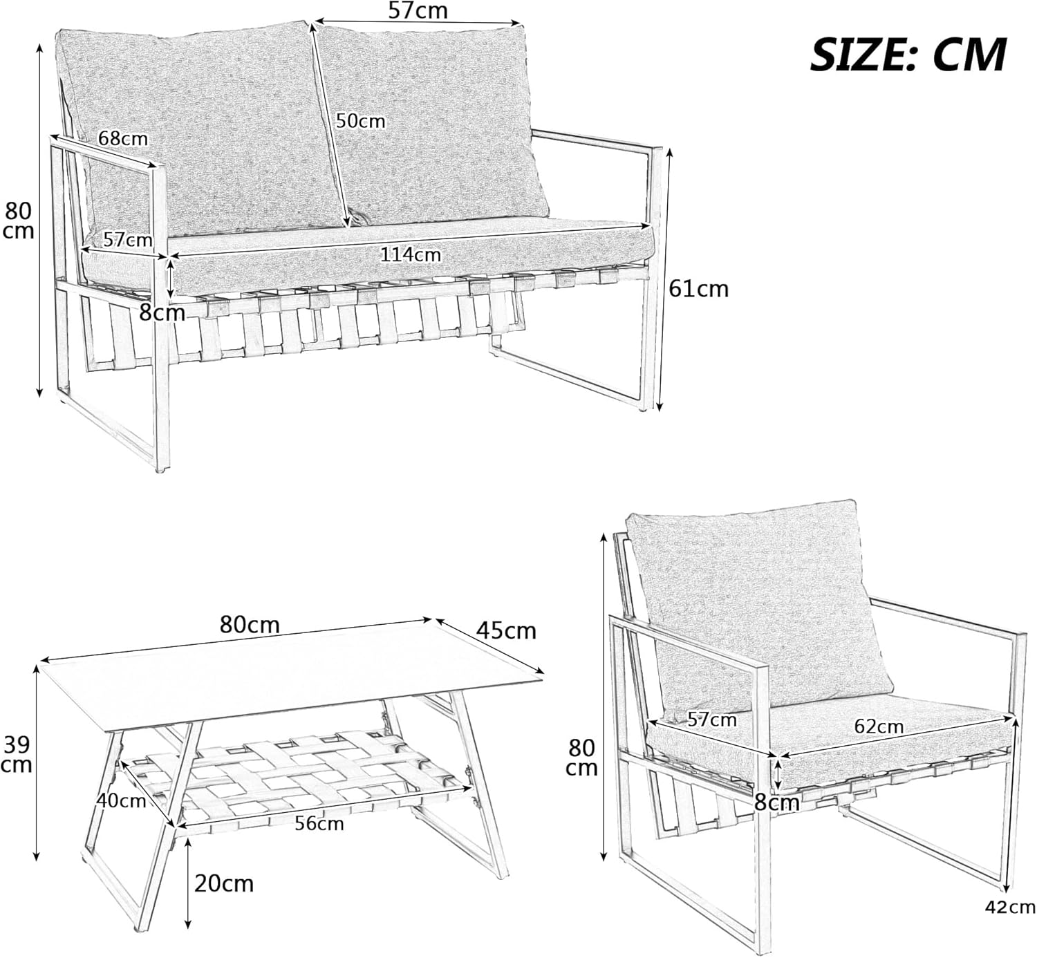 Salon de Jardin,Salon de Jardin 4 Personnes,avec canapé,Table Basse et Coussins,Housse en Tissu déhoussable et Lavable,Noir (Coussins d'assise Inclus)