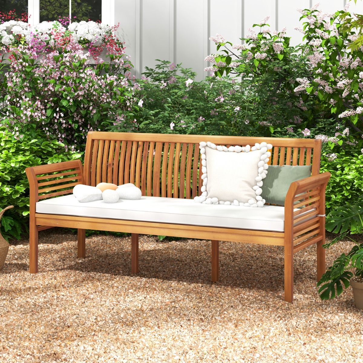 Banc de Terrasse en Bois 3 Places Banc en Acacia de 159 cm de Long avec Coussins d'Assise Doux Dossier et Accoudoirs Ergonomiques Blanc -