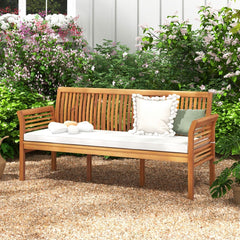 Banc de Terrasse en Bois 3 Places Banc en Acacia de 159 cm de Long avec Coussins d'Assise Doux Dossier et Accoudoirs Ergonomiques Blanc -