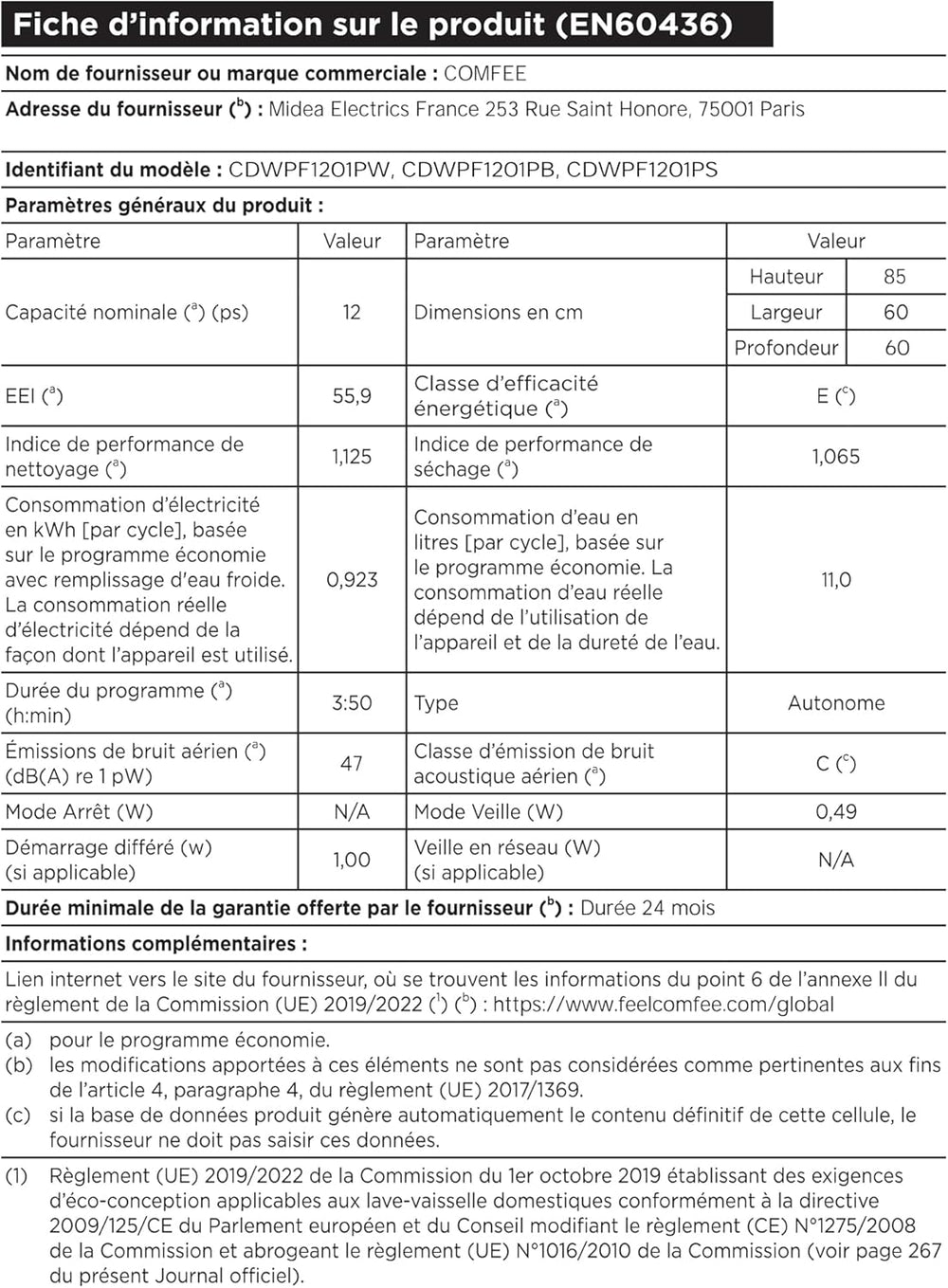 COMFEE' CDWPF1201PS Lave-vaisselle Pose Libre, 60 cm, 12 couverts, départ différé, fonction demi-charge, paniers flexibles - Acier Inoxydable, 49 dB, Commande Bouton