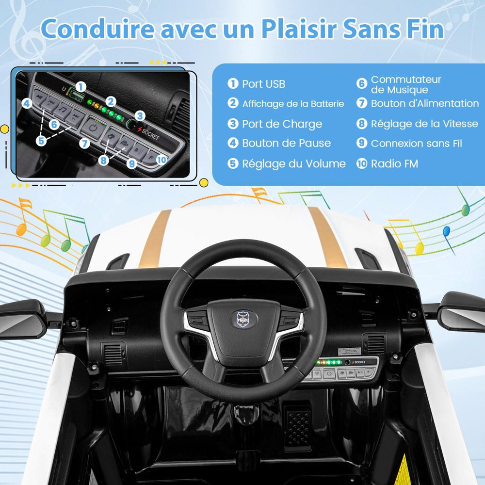 Voiture de Police Electrique Alimentée par Batterie 12 V/7 A Télécommande Connexion Sans Fil Musique Klaxon Sirène Lumières LED Blanc -
