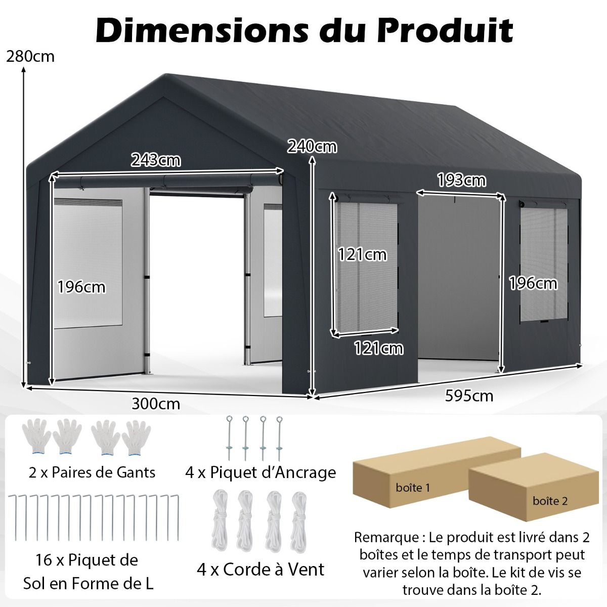 Abri de Voiture 595 x 300 cm Extérieur Tente de Garage avec 8 Parois Latérales Amovibles Portes Enroulables Fenêtres Ventilées Gris -