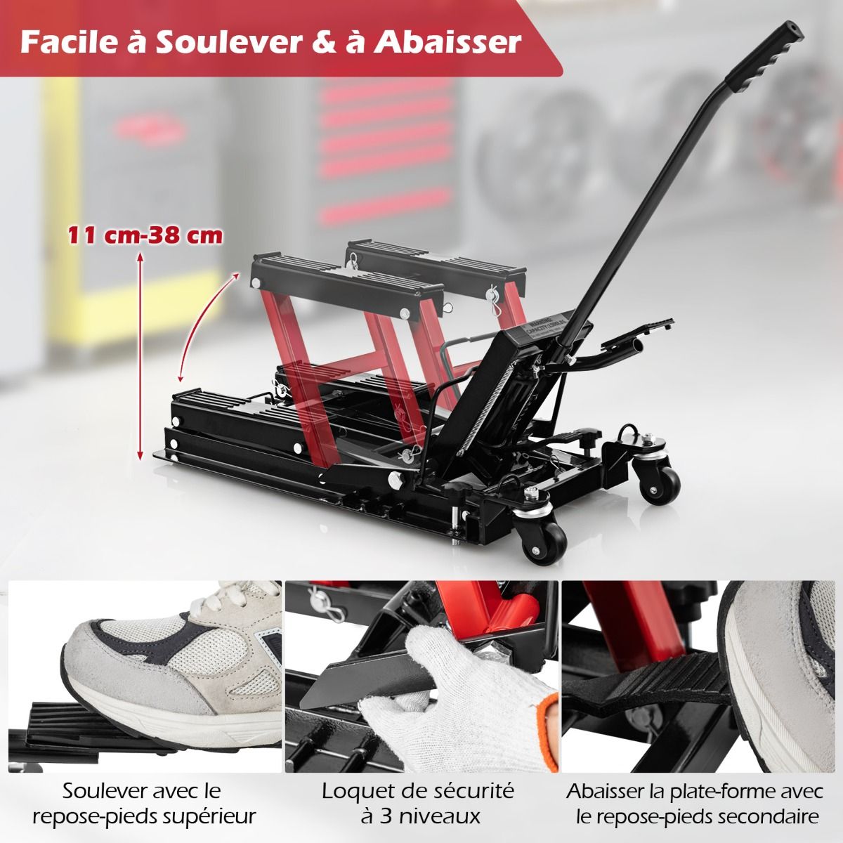 Cric Hydraulique pour Moto Capacité de 680 kg Table Élévatrice Moto Plateforme Réglable en Hauteur sur 3 Niveaux Rouge/Noir -
