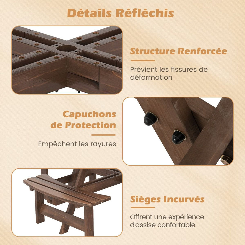 Ensemble Table de Pique-Nique en Bois pour 2  8 Personnes Set Table et Banc Circulaire avec 4 Bancs Intgrs Trou de Parasol de 5cm Marron/Jaune -