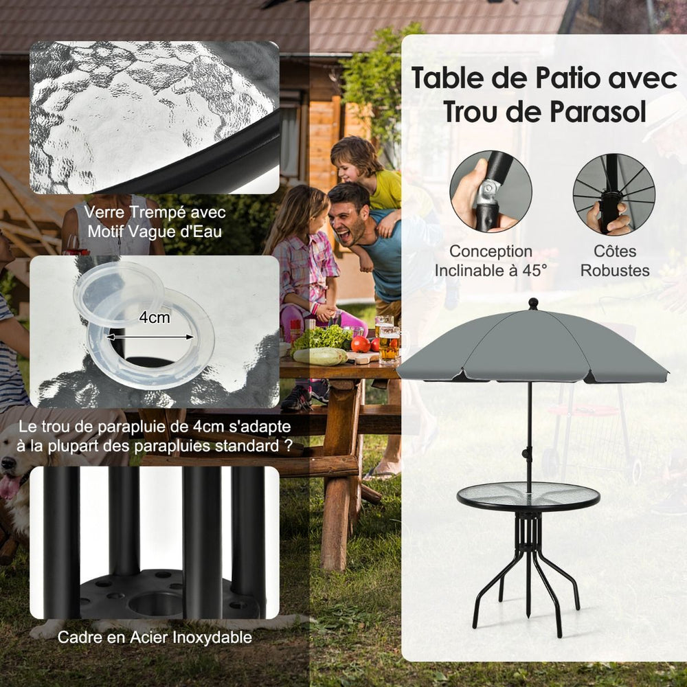 Ensemble Salon de Jardin 6 Pcs 4 Chaises Pliantes Table Basse en Verre et Parasol pour Terrasse Piscine Cour Noir -