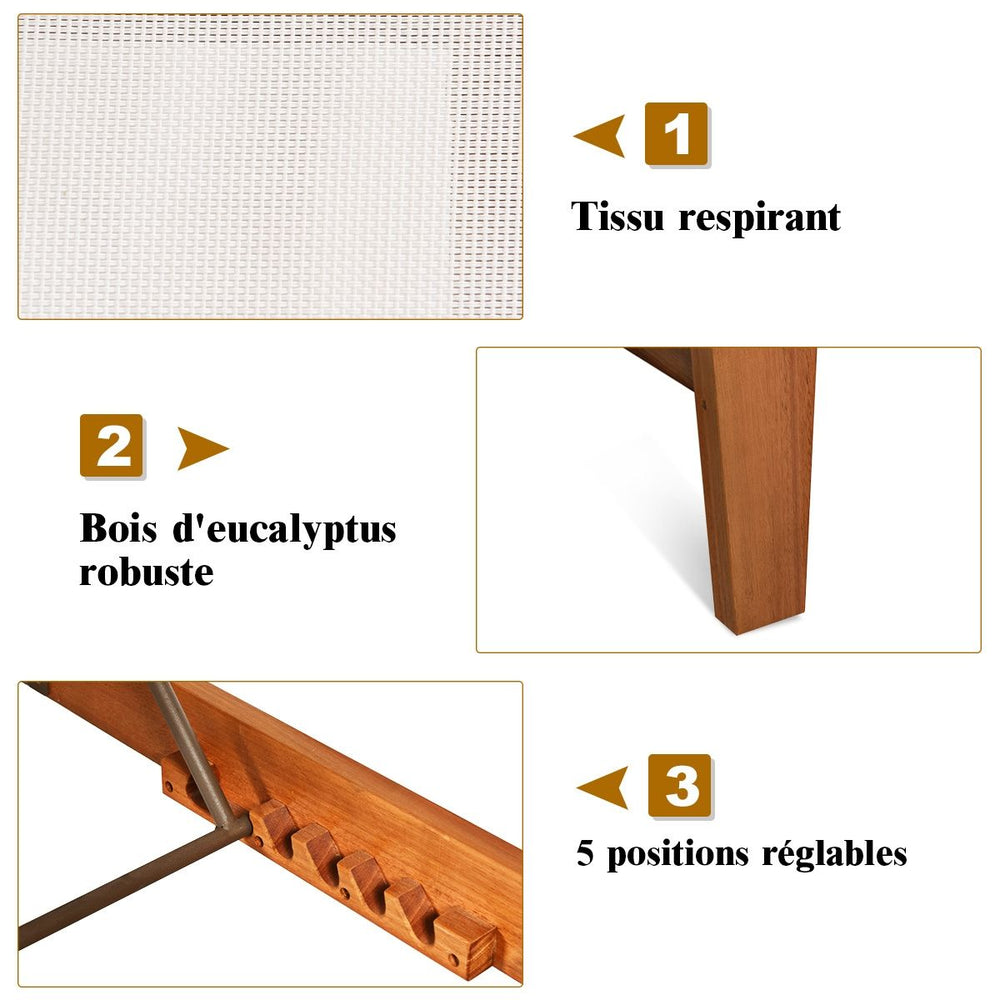 Chaise Longue de Jardin Dossier Inclinable en Bois d'Eucalyptus Tissu Respirant pour Patio Véranda Piscine Charge 180KG -