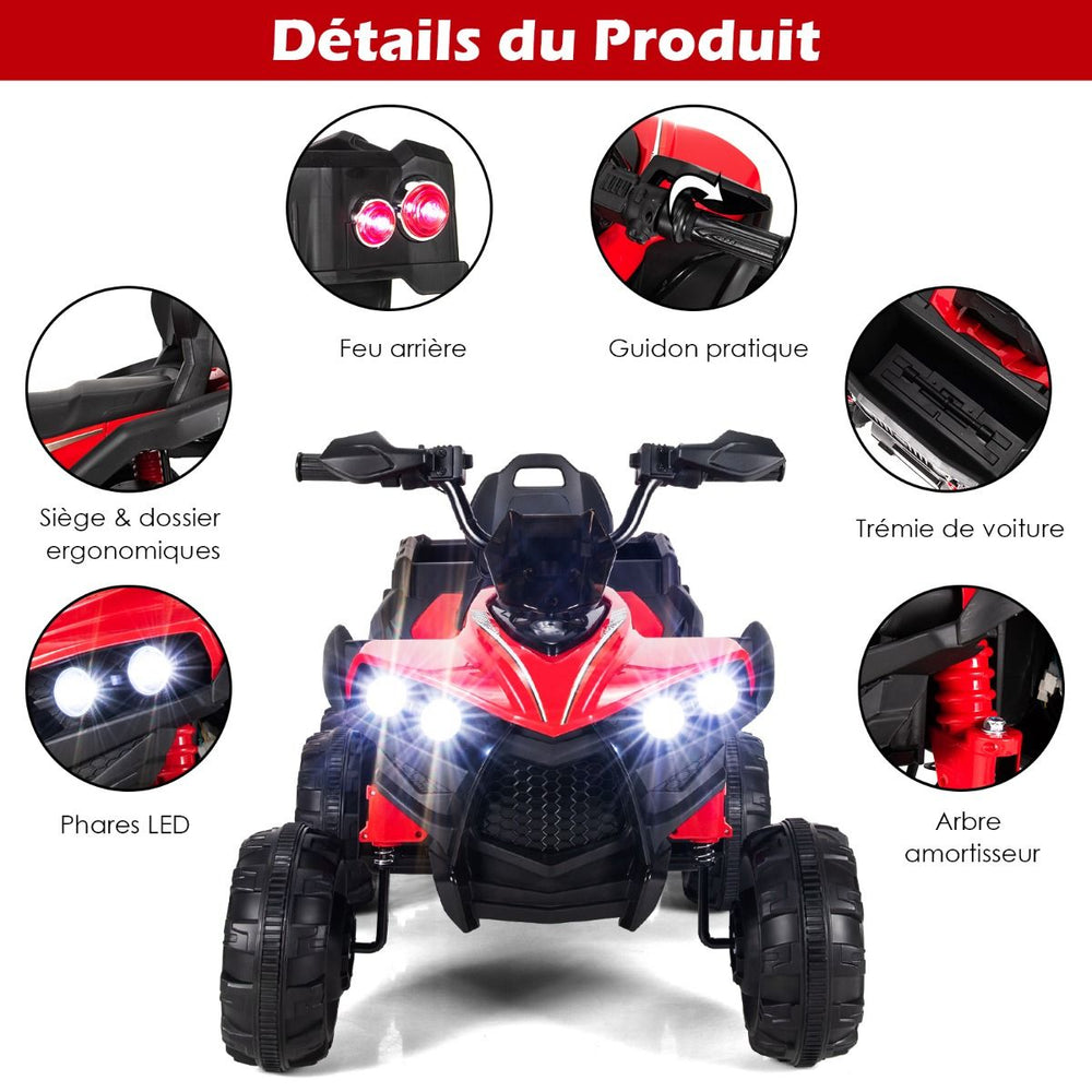 12V Quad Electrique Enfants avec Lumires LED et Musique Vhicule Electrique Enfants avec Dmarrage Lent Charge 30kg 129 x 69 x 72 cm Noir/Rouge -