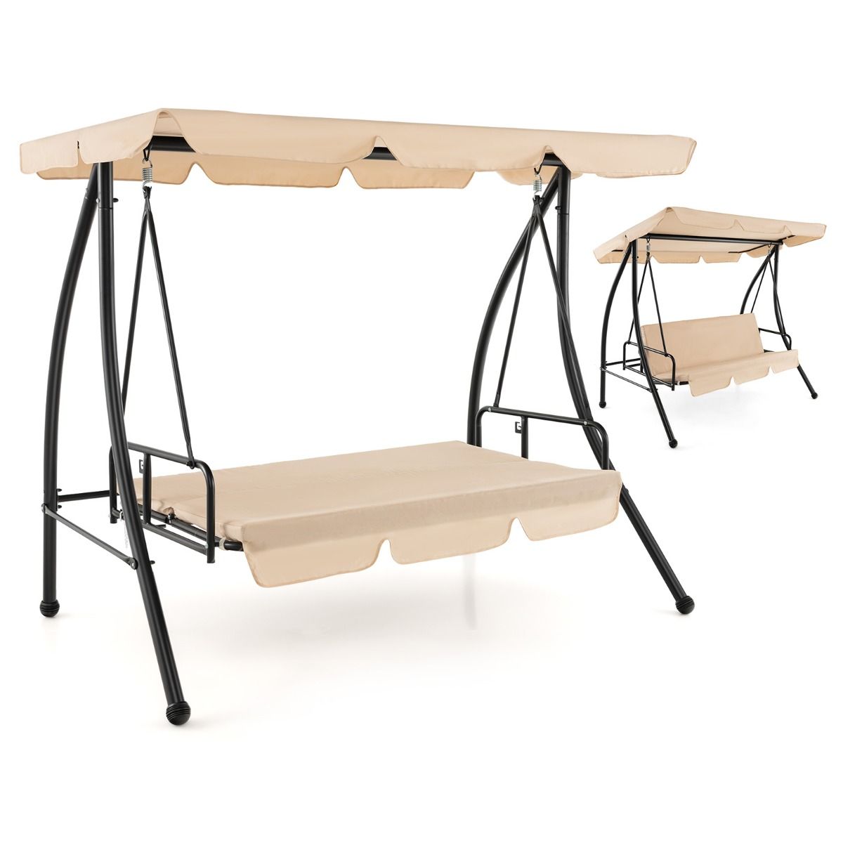 Balancelle d'Extrieur Convertible 2 Places avec Lit Plat Hamac de Terrasse avec Auvent Rglable et Coussin Amovible Pour Jardin -