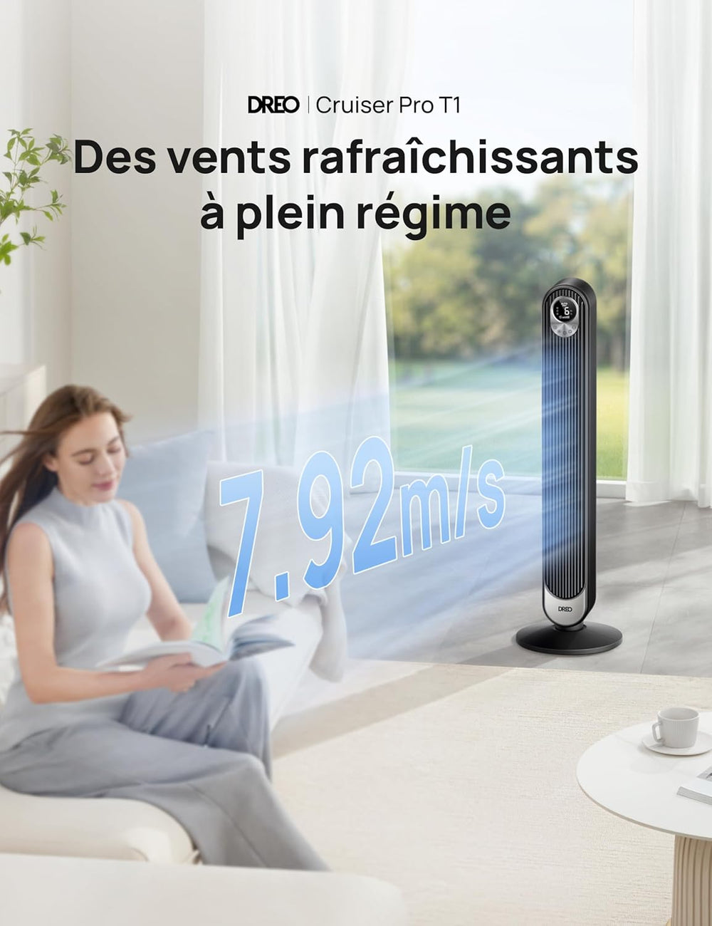 Dreo Ventilateur Colonne Silencieux, Puissant Vitesse 7,92 m/s, Ventilateurs Tour de 106cm avec Télécommande, 6 Vitesses, 4 Modes, Minuterie 12H, Oscillant à 90° pour Grande Chambre