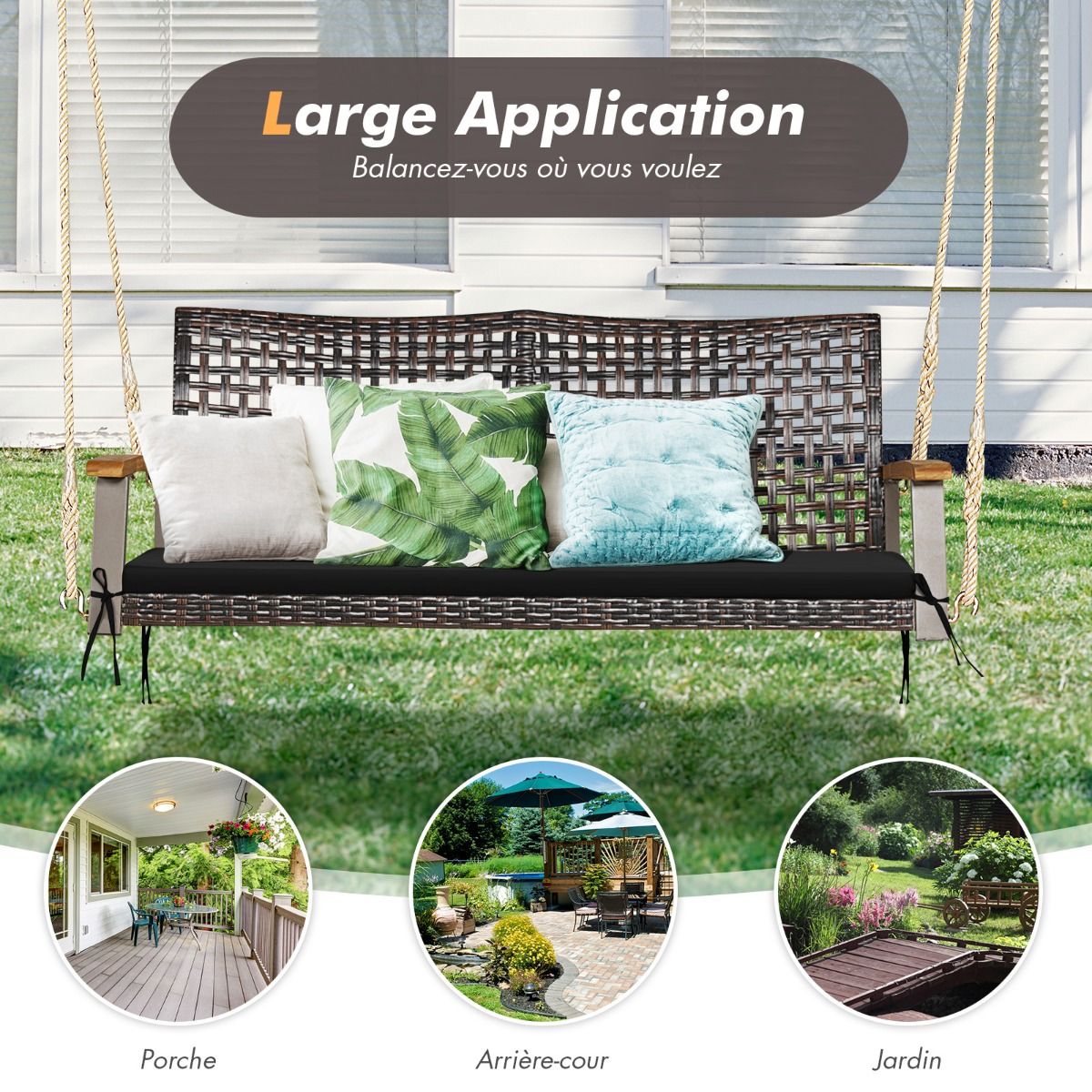 Banc Suspendu de Jardin en Rotin 2 Place Accoudoirs en Bois d'Acacia Cadre en Mtal Coussin Cordes Crochets Blanc/Noir -