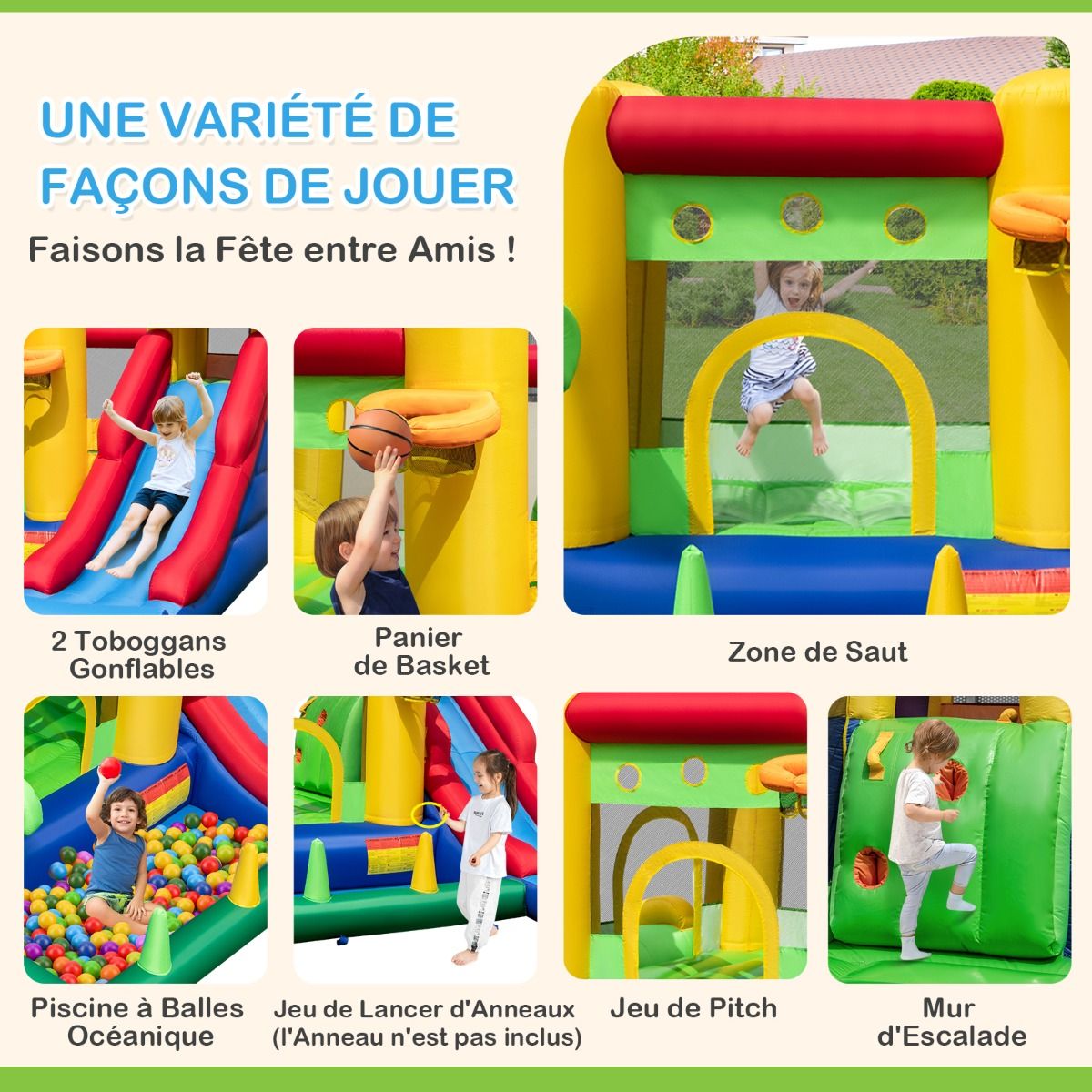 Ch芒teau Gonflable  Thme Arc-en-ciel 7 en 1 avec Ventilateur Double Toboggans Piscine  Balles Panier de Basket Charge 90kg -