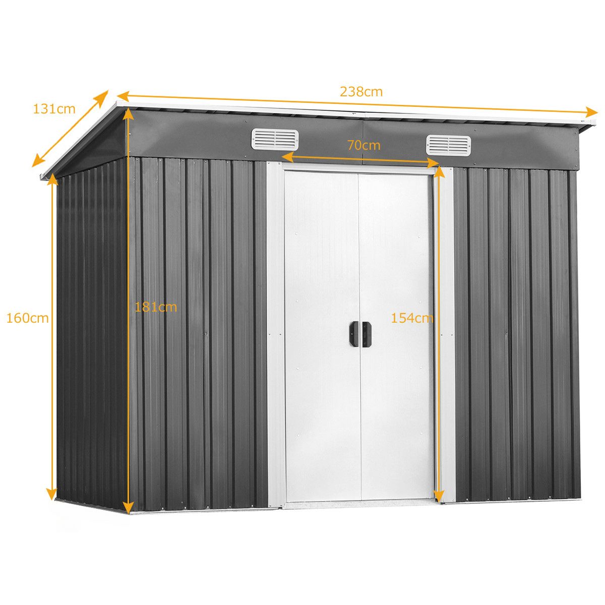 Abri de Jardin  l'Extrieur en Acier Galvanis avec 2 Portes,4 Bouches d'Aration pour Stocker Outils 238 x 131 x 181CM Gris+Blanc -