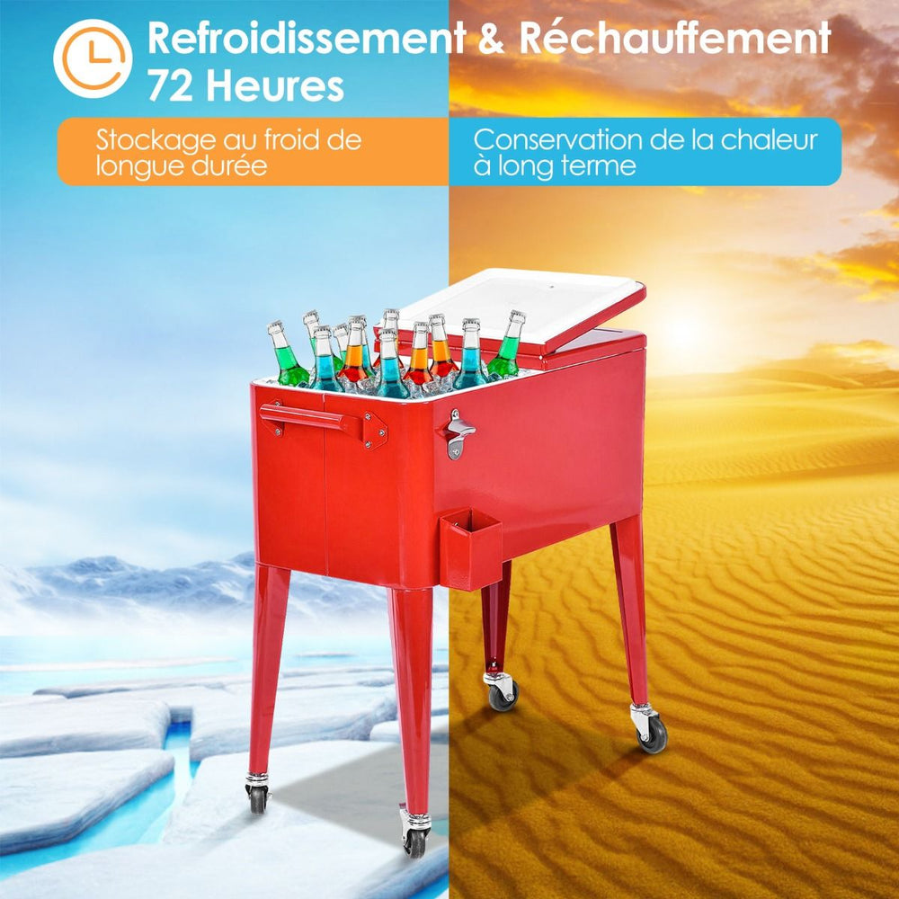 Chariot Isotherme Roulant de 76L Réfrigérant avec Roulettes Universelles Ouvre-bouteille Desserte Jardin pour Conserver Glace et Boissons -