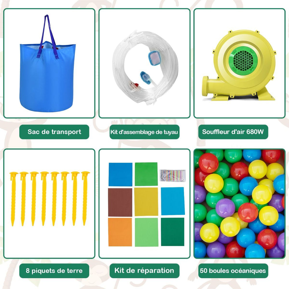 7 en 1 Ch芒teau Gonflable Tropical  Thme Singe & Palmier avec Toboggan Aquatique avec Piscine & 50 Boules Charge 90kg pour 2 Enfants de 3-10 Ans -