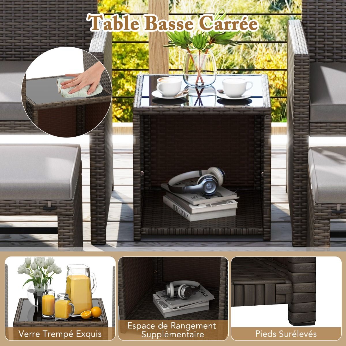 Ensemble Meuble de Salon 5PCS Salon de Jardin en Rotin PE avec Coussin pour Balcon Piscine Terrasse Gris/Blanc -
