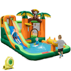 7 en 1 Ch芒teau Gonflable Tropical  Thme Singe & Palmier avec Toboggan Aquatique avec Piscine & 50 Boules Charge 90kg pour 2 Enfants de 3-10 Ans -