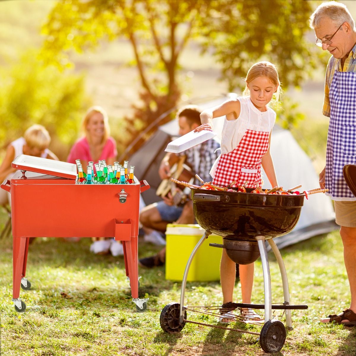 Chariot Isotherme Roulant de 76L Réfrigérant avec Roulettes Universelles Ouvre-bouteille Desserte Jardin pour Conserver Glace et Boissons -