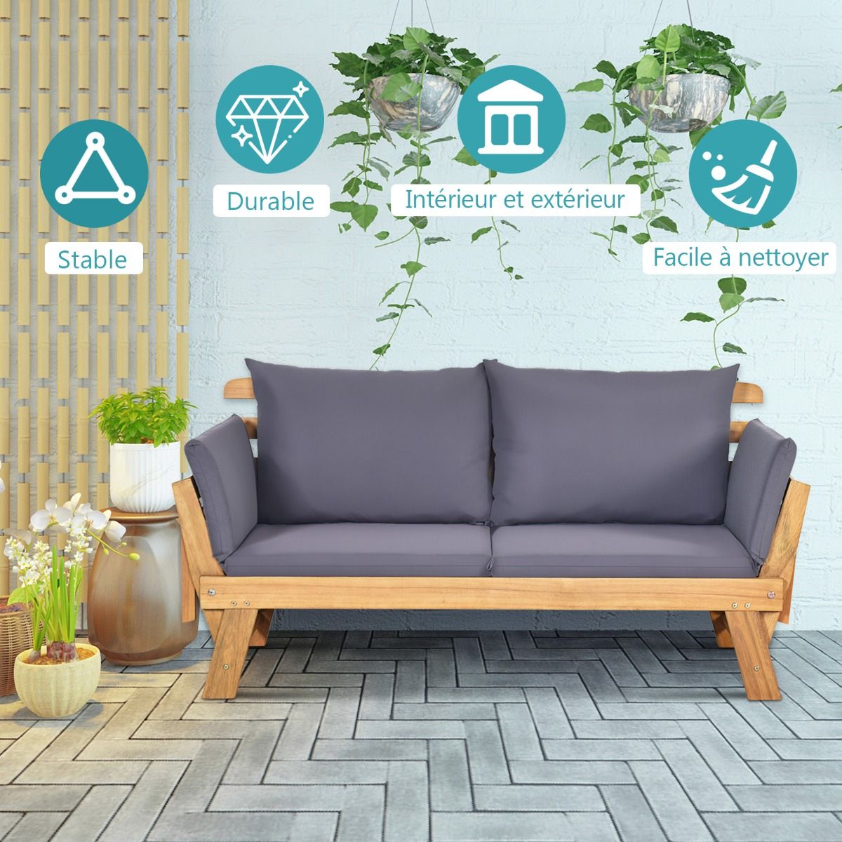 Chaise Longue Convertible avec Coussin Canapé de Jardin 2 en 1 en Bois d’Acacia avec Accoudoir Réglable pour Patio Piscine Jardin Blanc/Gris/Bleu/Rouge -