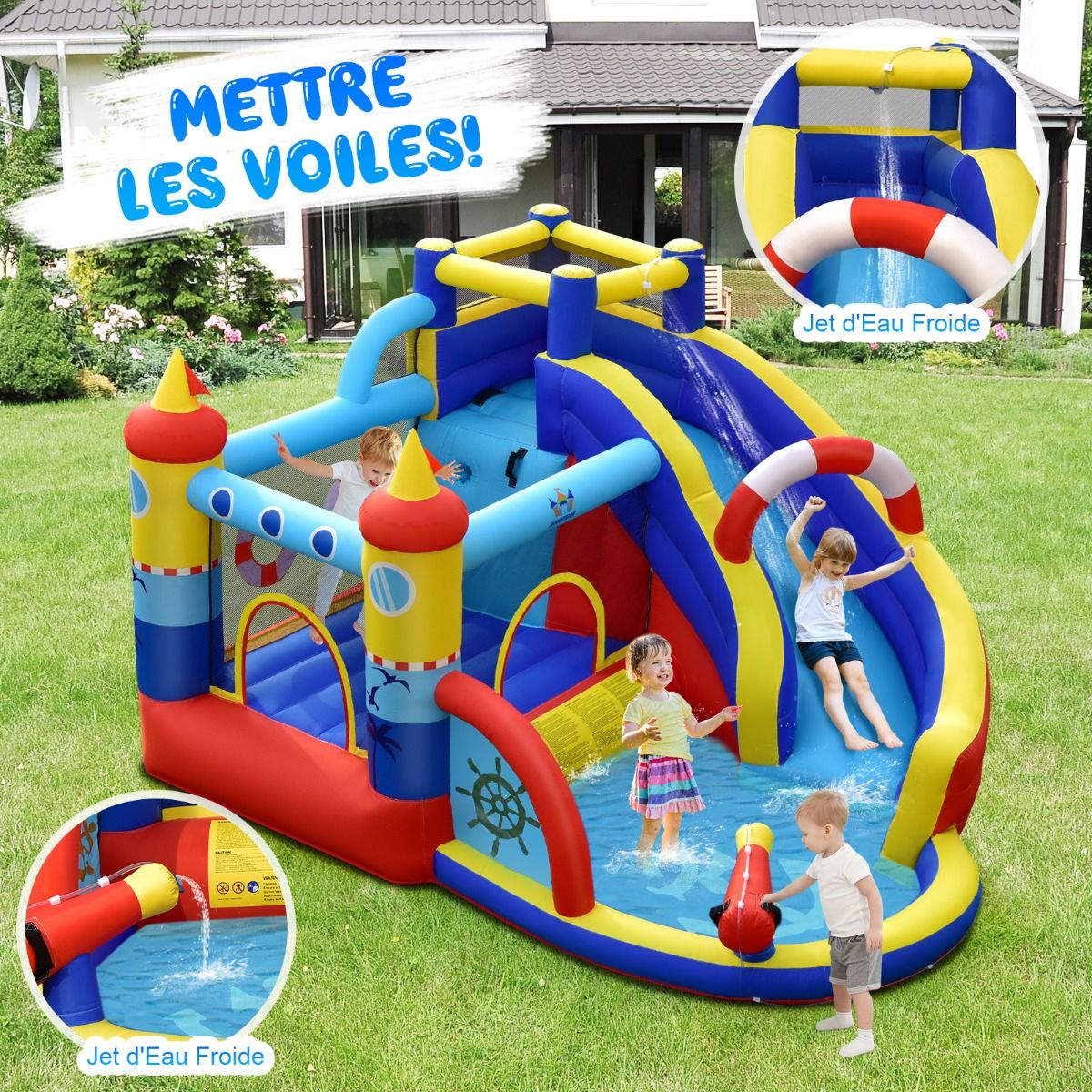Château Gonflable Style Bateau avec Toboggan Incurvé Zone de Saut Mur d'Escalade avec Gonfleur 450 W -