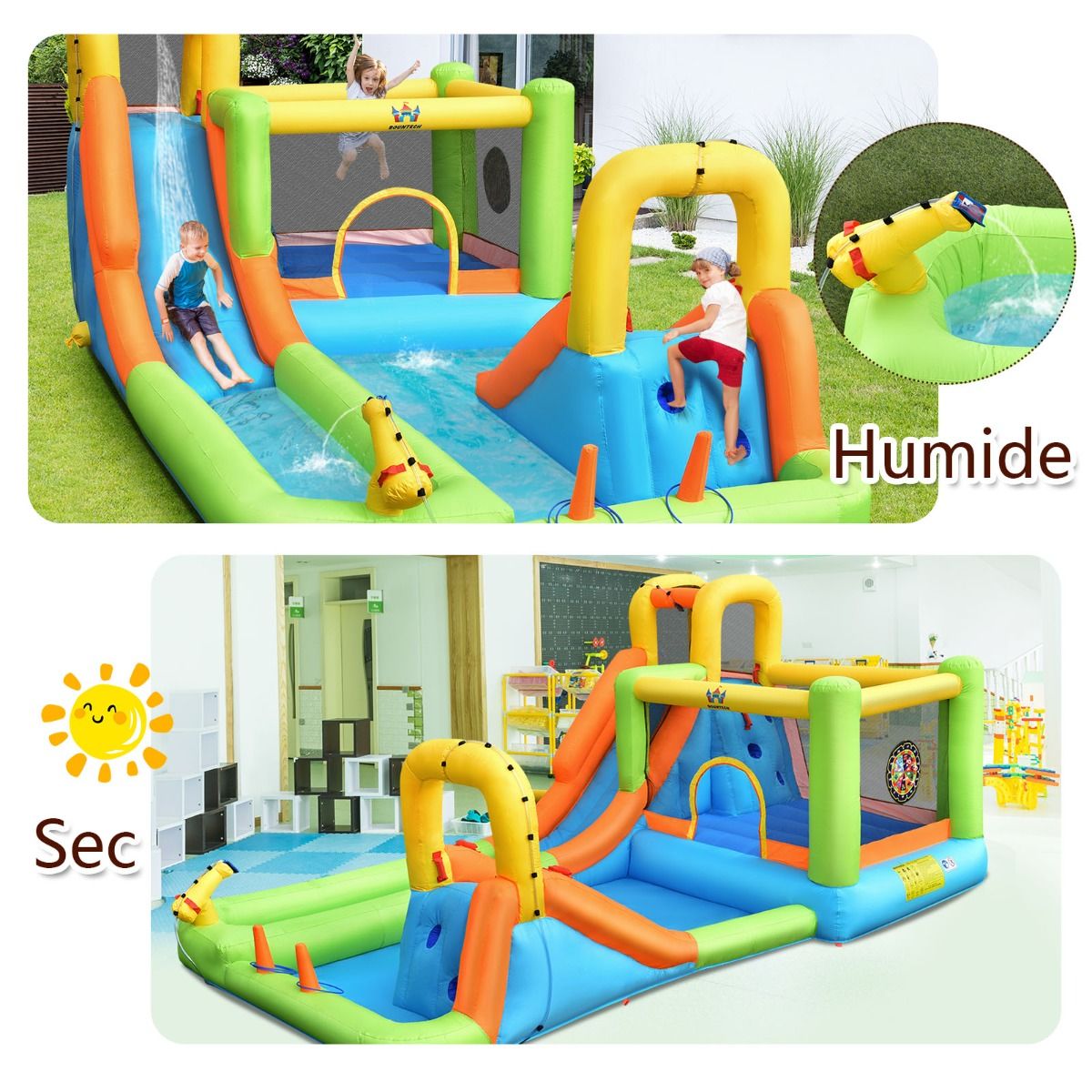 Château Gonflable 8 en 1 avec 2 Toboggans Parc Aquatique avec Maison de Saut Charge 135kg pour 3 Enfants de 3-10 Ans -