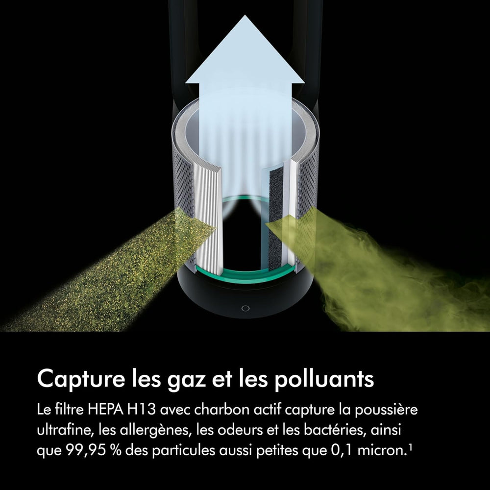 Dyson Pure Cool TP00 – Purificateur ventilateur tour sans pales, 10 vitesses, 434L/s, filtre HEPA 360°, capte 99,95% particules, Blanc/Argent