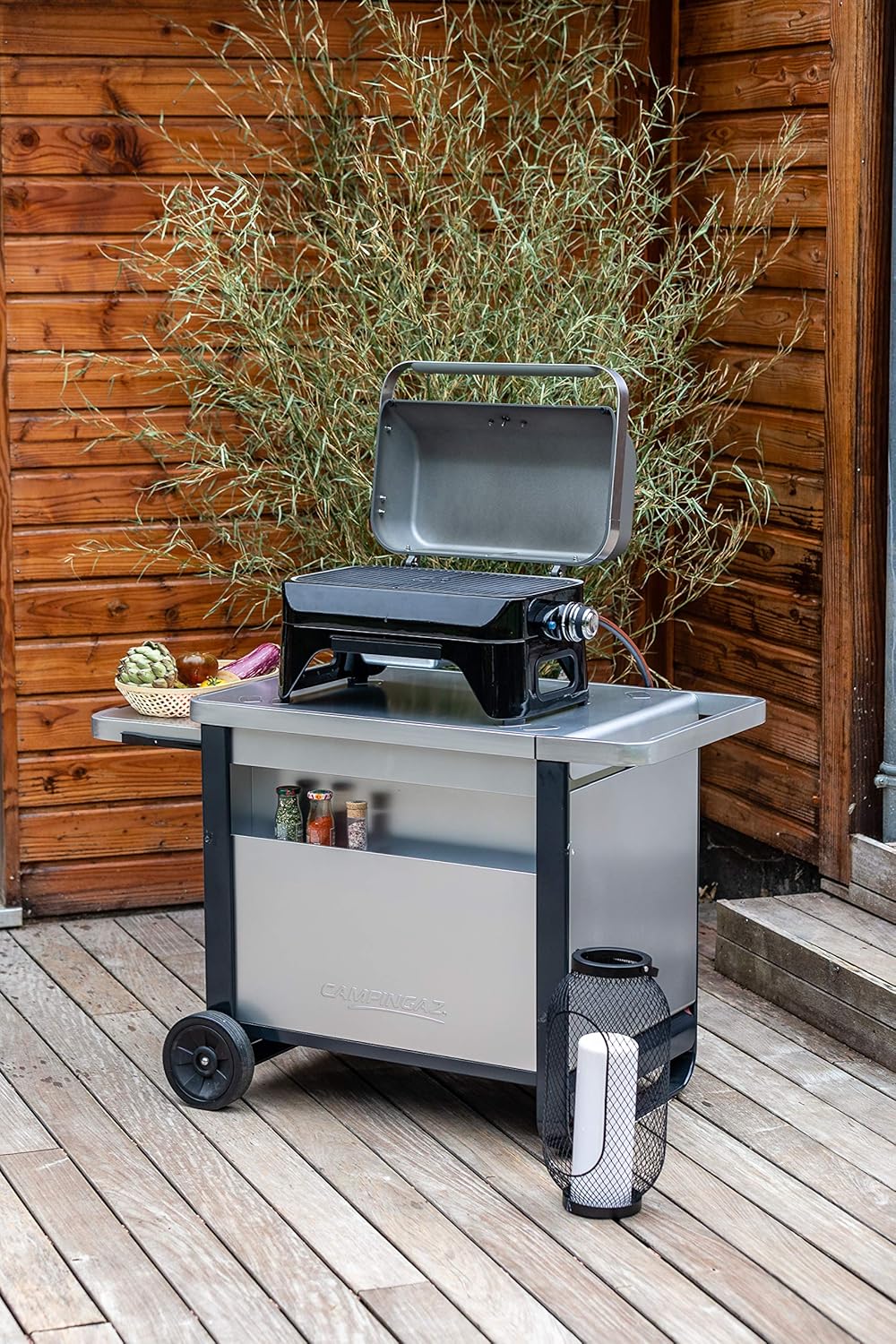 Attitude2go,Barbecue de Table à Faible fumée,BBQ Portable,à Couvercle,thermomètre,et Grille en Fonte,Alimentation : Cartouche de gaz CV 470 Plus,Gris