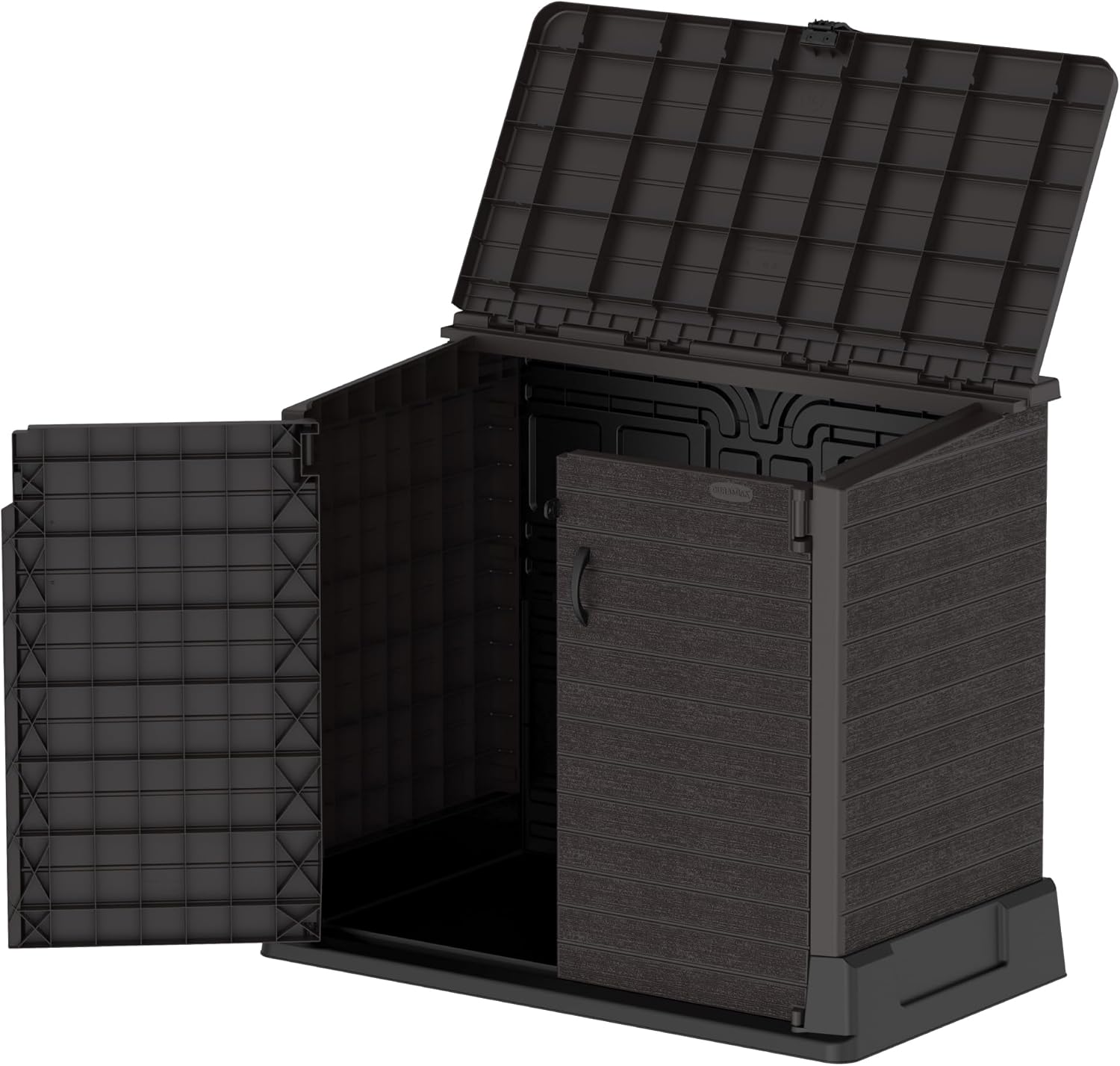 Duramax StoreAway 1200L Plastic Garden Shed/ Flat Lid,Outdoor Storage Shed,Wheelie Bin Hideaways,Wheelie bin box,Durable Construction,Ideal for Bikes,BBQs & 2x 240L Bins,145x85x125 cm,Brown