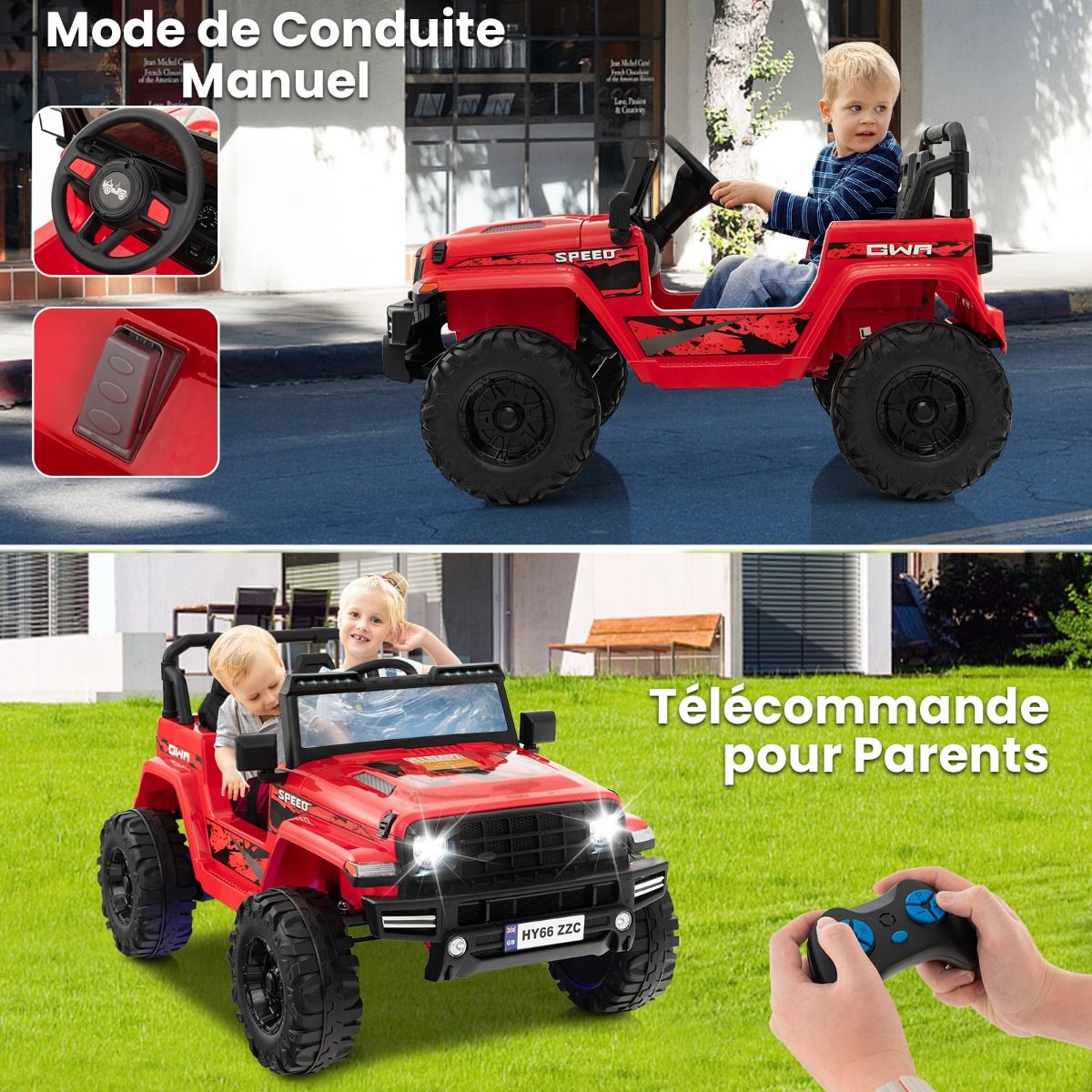 24V Voiture lectrique 2 Places Enfants avec Tlcommande 2,4G Musique LED Dmarrage Lent 2 Vitesses Charge 35kg pour 3-8 Ans+ Rouge/Rose/Vert -