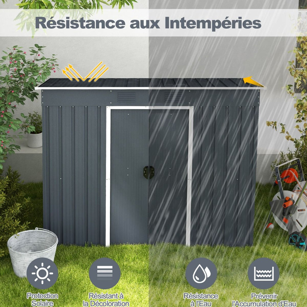 Abri de Jardin Métal 2,4 ㎡ Toit Monopente Cabane de Jardin 2 Portes Coulissantes Verrouillables Fondation 2 Trous d'Aération Gris -