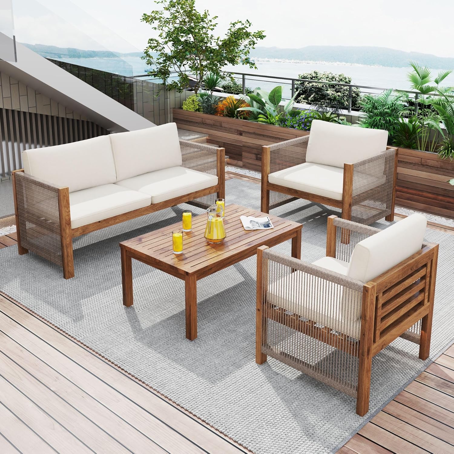 Salon de Jardin,Salon de Jardin 4 Personnes,avec canapé,Table Basse et Coussins,Housse en Tissu déhoussable et Lavable,Noir (Coussins d'assise Inclus)