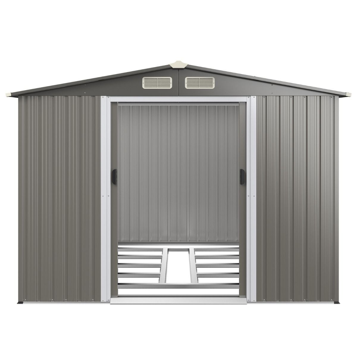 Abri de Jardin Mtal Extrieur 9.74m鲁 Acier Galvanis avec Fondation 4 Persiennes Double Porte et Rampe 260 x 207 x 181 cm Gris Fonc/Gris Clair -