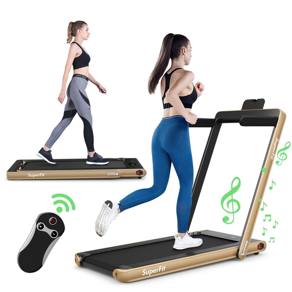2 en 1 Tapis de Course Electrique Pliable 1 à 12 Km/H avec Haut-parleur Bluetooth Télécommande Moteur 0,75HP Vert/Blanc/Noir/Rouge/Or/Noir et Argenté/Bleu -