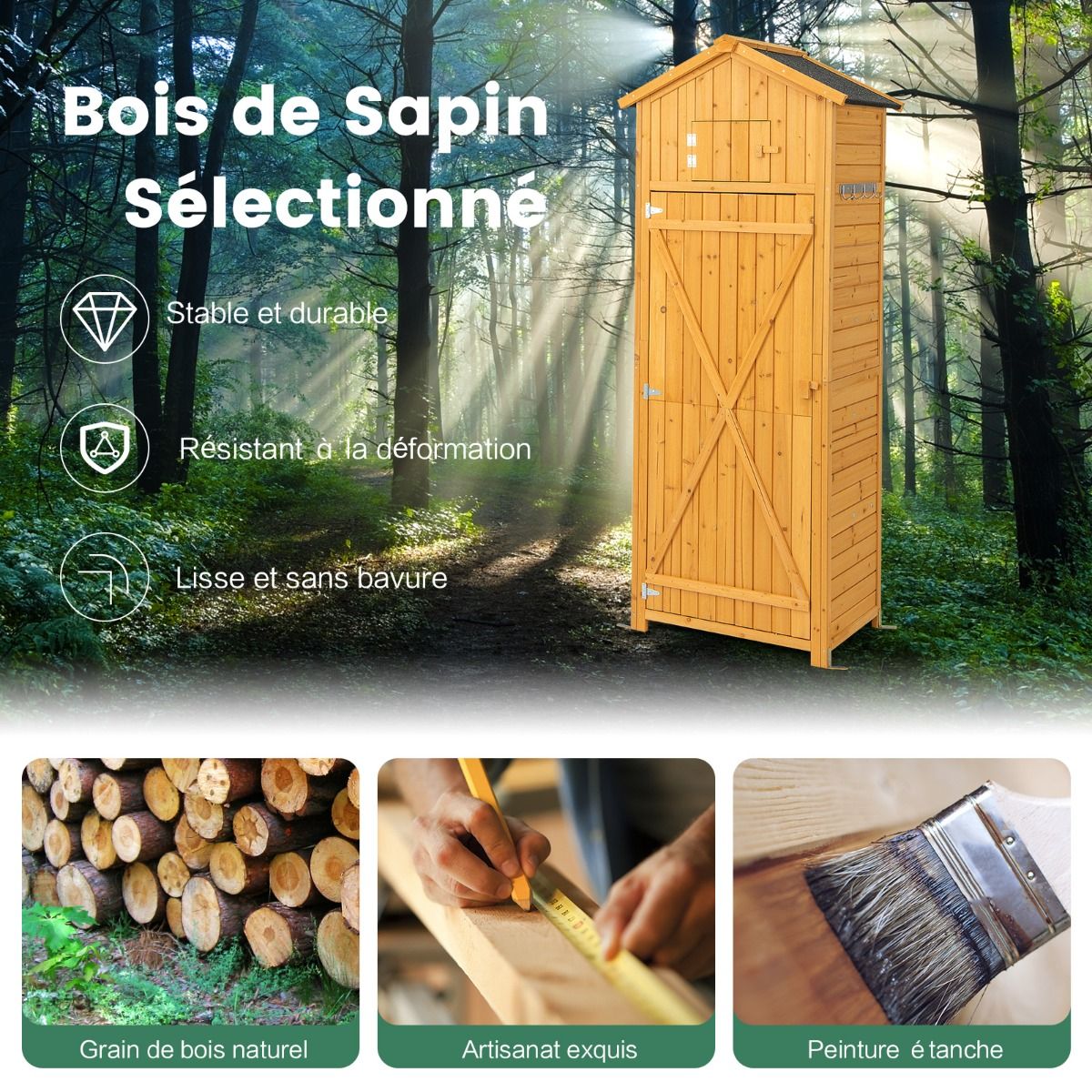 Armoire de Jardin en Bois Imperméable avec Toit Abri de Jardin avec Table Pliable Étagères et 8 Crochets 75x50x180,5CM -