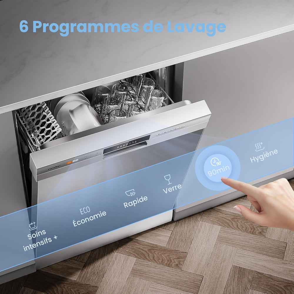 COMFEE' CDWPF1201PS Lave-vaisselle Pose Libre, 60 cm, 12 couverts, départ différé, fonction demi-charge, paniers flexibles - Acier Inoxydable, 49 dB, Commande Bouton