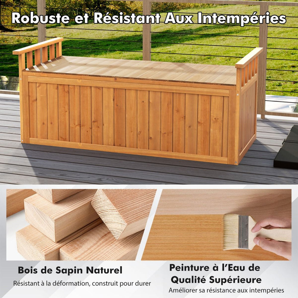 Banc de Rangement en Bois Banc d'Extérieur à 2 Places de 209 L avec Accoudoirs Coffre de Stockage en Bois Charge 100KG Naturel -