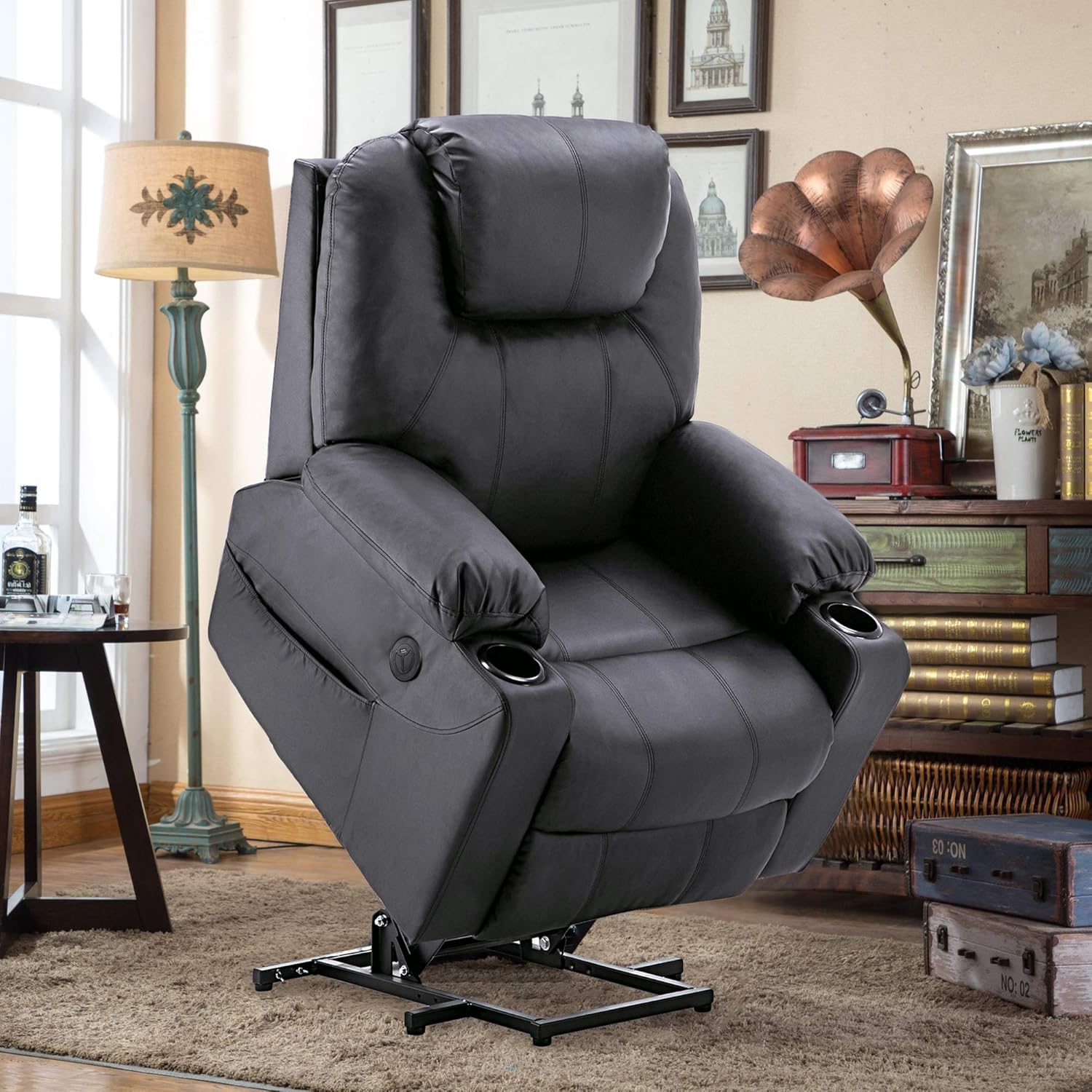 Aide à l'arrimage électrique MCombo, Fauteuil TV, Fauteuil Relaxant, Massage, Chauffage, Connexion USB réglable électriquement, Simili cuir, Noir