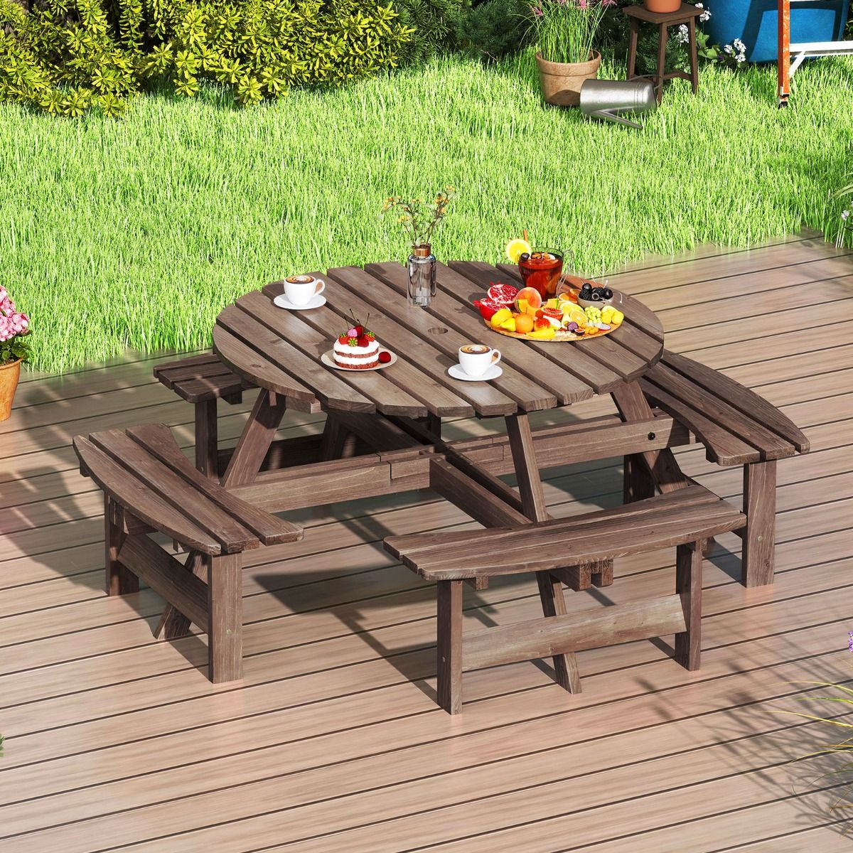 Ensemble Table de Pique-Nique en Bois pour 2  8 Personnes Set Table et Banc Circulaire avec 4 Bancs Intgrs Trou de Parasol de 5cm Marron/Jaune -