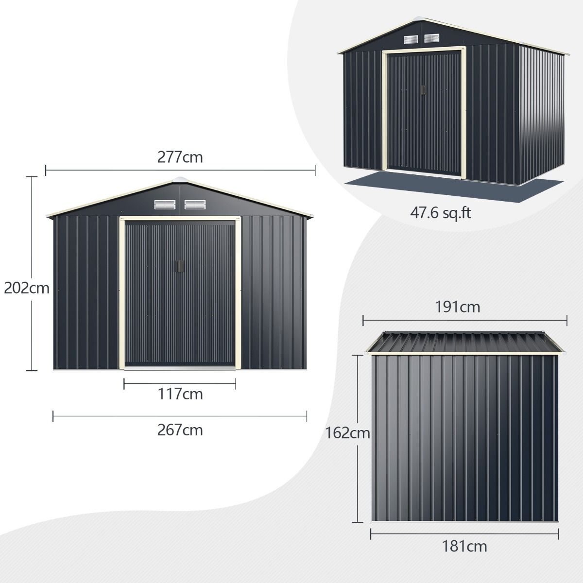 Abri de Jardin en Mtal 5,29 銕77 x 191 x 202 cm avec 2 Portes Coulissantes Verrouillables 4 Trous d橝ration Gris pour Vlo -