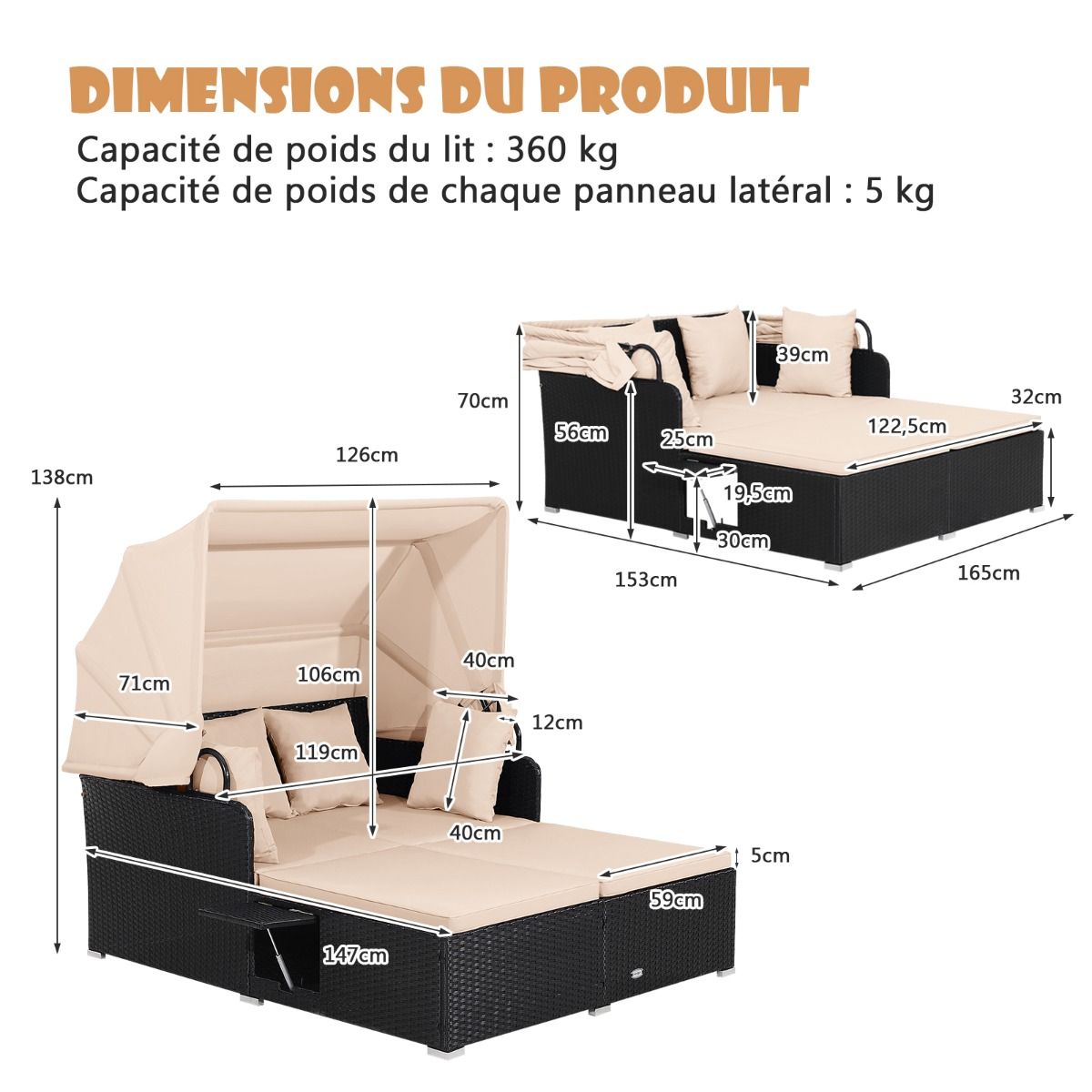Chaise Longue à 2 Places en Rotin avec Auvent Rétractable Bain de Soleil avec Panneaux Latéraux Pliables Charge 360KG Beige/Gris -