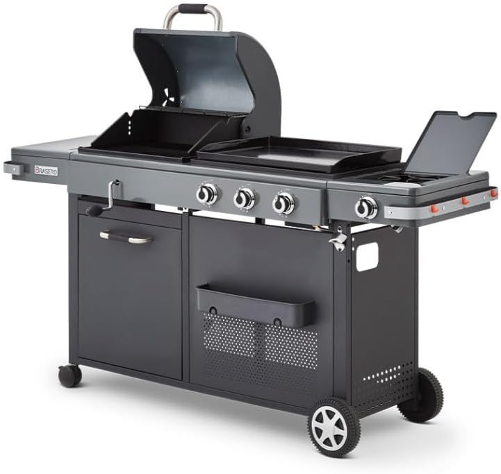 BRASERO - Barbecue Bi-Energy Gun Metal XL - Barbecue Charbon et Plancha 60 x 42 cm à gaz avec brûleur latéral -12,95 KW