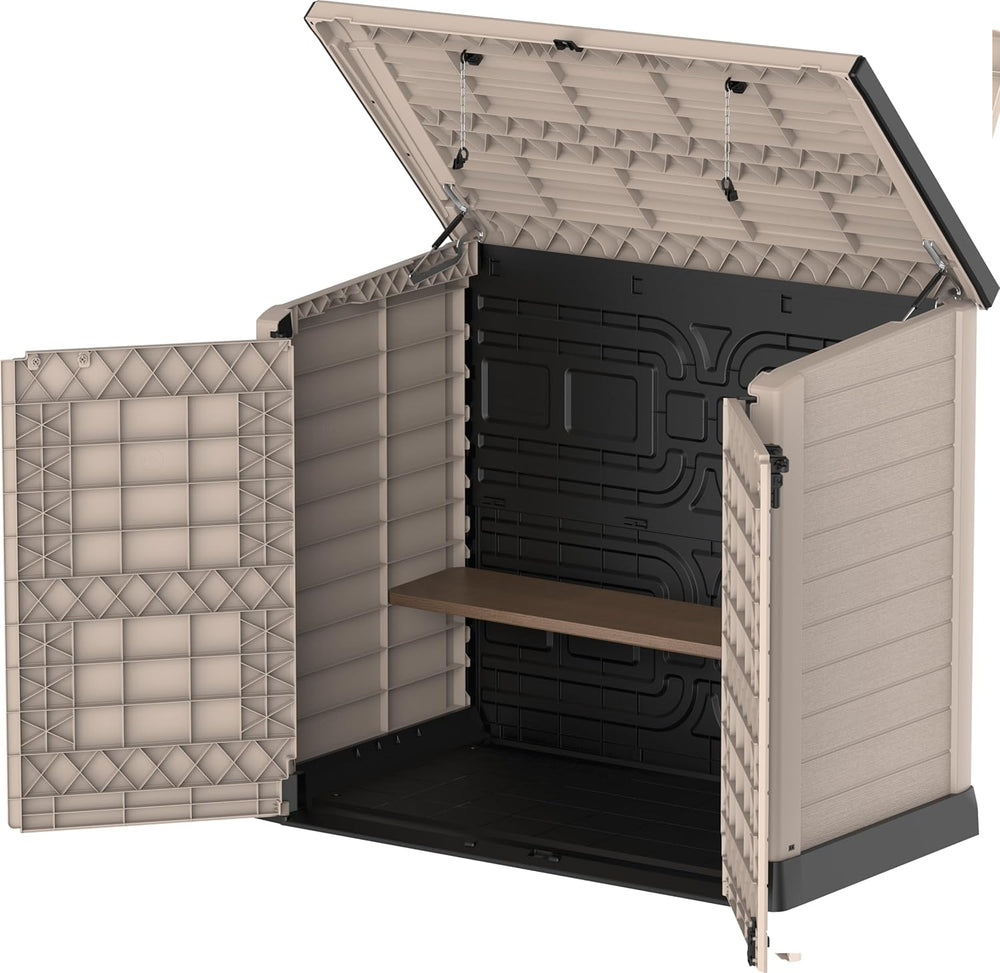 Duramax StoreAway 1200L Plastic Garden Shed/ Flat Lid,Outdoor Storage Shed,Wheelie Bin Hideaways,Wheelie bin box,Durable Construction,Ideal for Bikes,BBQs & 2x 240L Bins,145x85x125 cm,Brown