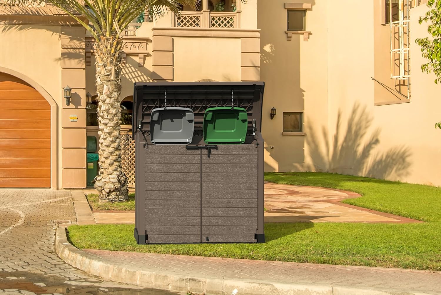 Duramax StoreAway 1200L Plastic Garden Shed/ Flat Lid,Outdoor Storage Shed,Wheelie Bin Hideaways,Wheelie bin box,Durable Construction,Ideal for Bikes,BBQs & 2x 240L Bins,145x85x125 cm,Brown