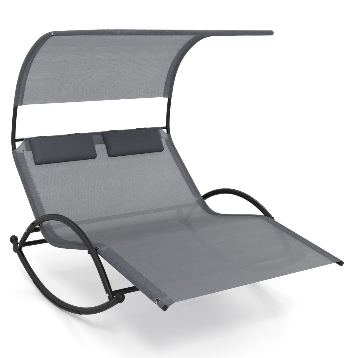 Chaise Longue Double Chaise à Bascule pour 2 Personnes 2 Appui-Têtes Amovibles Cadre en Métal Robuste Lit de Repos Ergonomique 2 Places Gris/Noir/Beige -